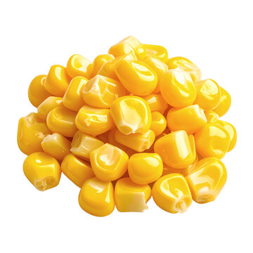 Fresh yellow corn kernels pile isolated as a healthy vegetable ingredient for culinary recipes presented on transparent background