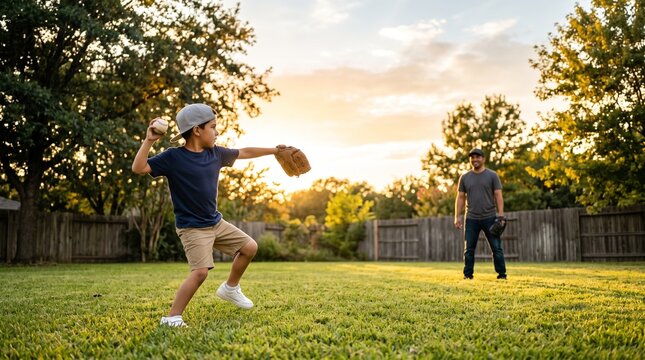 Boy in a cap throwing a baseball to his father across a green backyard lawn at golden sunset