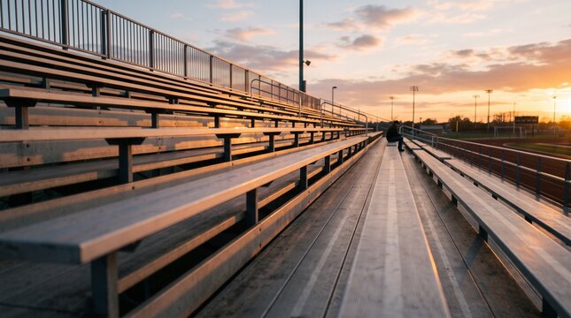 Empty metal bleachers stretching along a sports field under a warm orange sunset sky