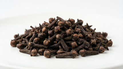 Obraz premium Aromatic dried cloves arranged on a white plate against a clean background, showcasing a natural spice commonly used in cooking, beverages, and traditional remedies.