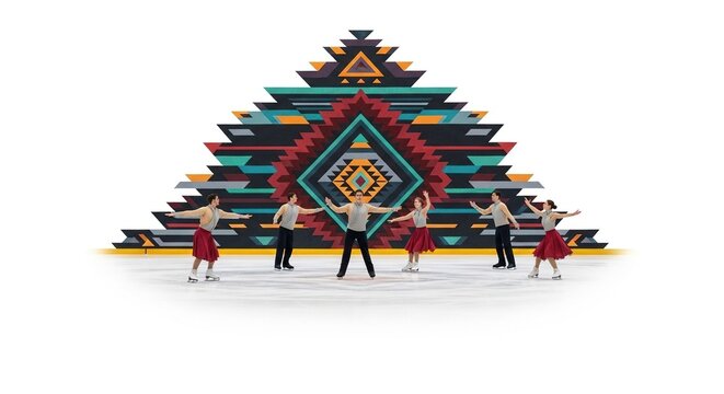 Synchronized Figure Skaters Perform Artistic Routine on Ice with Vibrant Geometric Backdrop