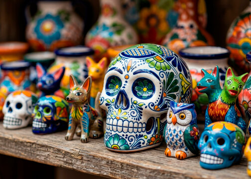 Traditional hand-painted Mexican ceramic skulls and colorful animal figurines on a rustic wooden shelf for Day of the Dead souvenir display