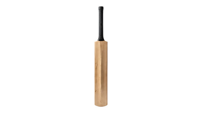 Wooden Cricket Bat Vertical Isolated Sport Equipment, Classic Willow Gaming Tool For Cricket Match, Traditional Wooden Bat with Black Grip Handle on Clean White Background