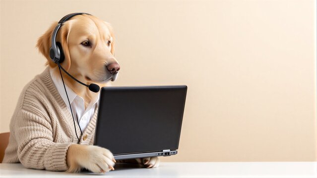 Golden retriever in headset, working at laptop like a professional.