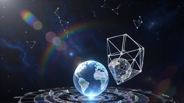 Earth floats in cosmic space with geometric shapes and constellations against a starry backdrop.