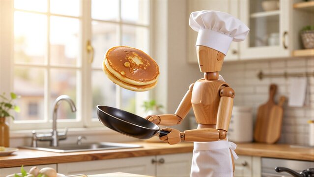 Wooden chef figure flips pancake in kitchen, golden brown and glistening with syrup.