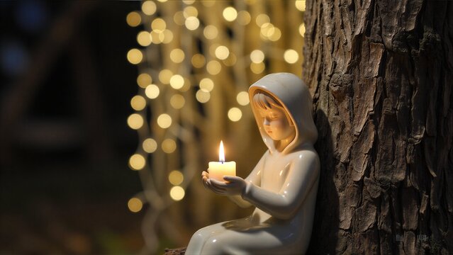 Candlelit statue of a girl leans against tree, glowing lights shimmer softly behind.
