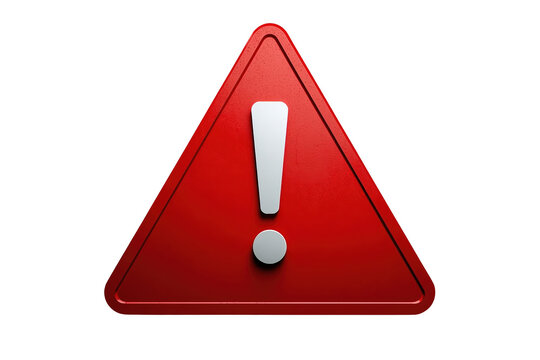Glossy red caution triangle with exclamation symbol isolated on transparent background