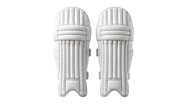 Cricket pads set, white leg guards vertical view, cricket protection gear, sport safety equipment for leg, white leather athletic gear isolated on white background