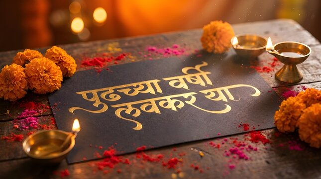 Devanagari Calligraphy Pudhchya Varshi Lavkar Ya Gold Text