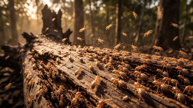 Termites swarm over fallen log in forest sunlight. Flying insects cover decaying wood texture. Many bugs crawl on dead tree trunk. Macro view shows insect colony.