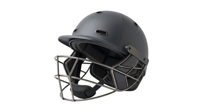 Cricket helmet with metal grill on white background, protective sports gear, black matte hard hat accessory