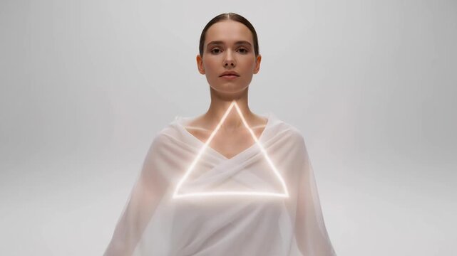 A woman wearing a white translucent garment with a glowing geometric triangle animation.