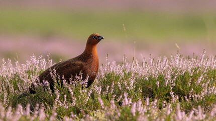Obraz premium Red grouse bird stands in pink heather field. Wild bird among blooming heather plants in natural habitat. Close up of wildlife in outdoor environment.
