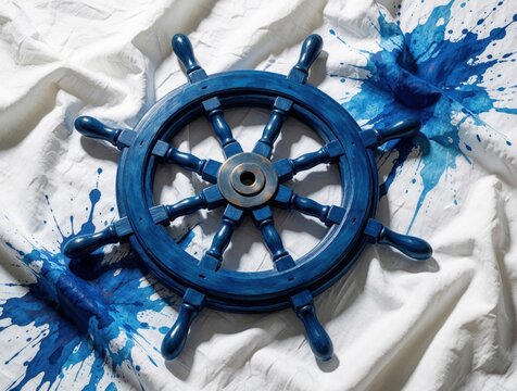 Blue wooden ship wheel rests on white fabric with blue paint splatters. Nautical decor element suggests sailing maritime adventure and vintage travel exploration.