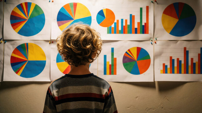 Young boy studies colorful pie and bar charts papered on wall. Child analyzes data, learns math concepts, exploring visual statistics for school project. Kid develops analytical skills.