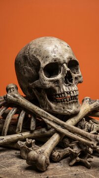 Human skull and skeletal bones pile on orange background with skeleton halloween mortality osteology symbolism research skullcap
