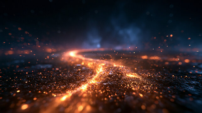 Glowing Fiery Trail with Flying Sparks on Dark Surface
