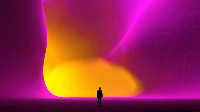 Silhouette of Person Standing in Glowing Abstract Futuristic Cave