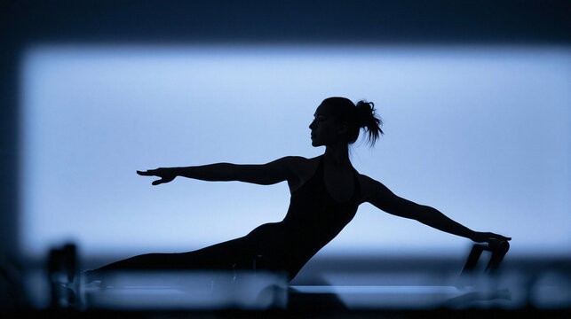 Silhouette of Woman Exercising on Pilates Reformer Machine