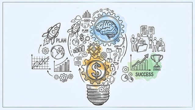 Comprehensive business strategy mind map with glowing lightbulb gear illustration representing financial growth and startup innovation