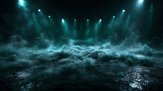 Empty Dark Stage Background with Fog and Spotlights