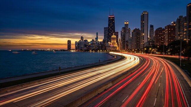 Chicago Skyline and Traffic Light Trails at Twilight