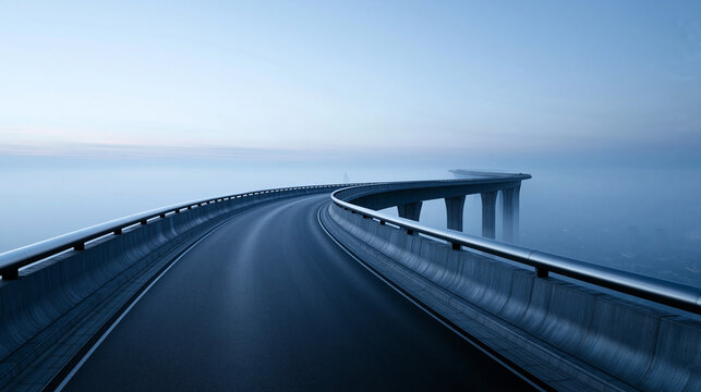Curved Highway Bridge Disappearing Into Fog at Dawn