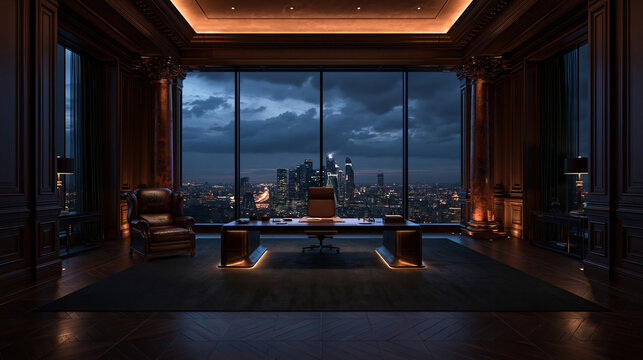 Luxury Executive Office Interior Overlooking City Skyline at Night