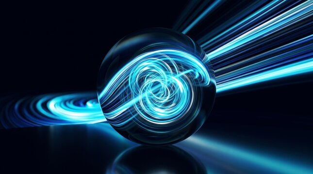 Futuristic Glass Sphere with Glowing Blue Energy and Light Trails