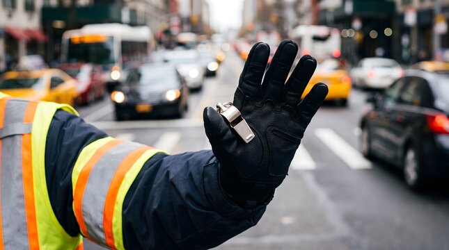 Crossing guard or police officer hand in safety reflective glove signaling stop to traffic with reflective transport crossing pedestrian
