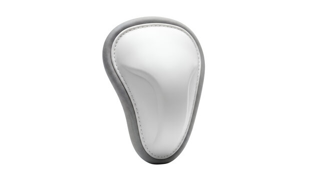 Athletic protective cup for sports safety, white plastic groin guard with grey rubber edge, male genital protection gear