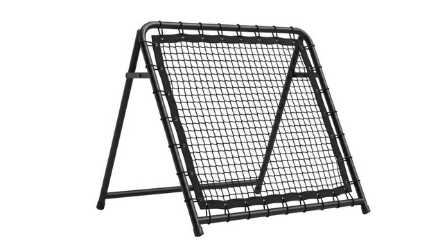 Professional baseball rebounder net, black steel pitch back trainer, soccer and lacrosse practice rebound net on white background