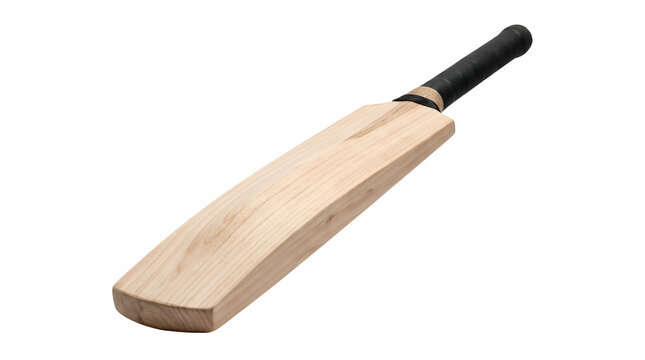 Professional wooden cricket bat with black grip, traditional willow sports equipment, isolated cricket gear on white background
