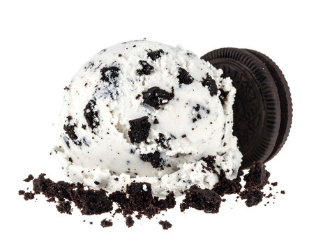 Cookies and cream ice cream scoop with chocolate biscuit pieces and crumbs placed together for a sweet summer frozen dessert&nbsp;