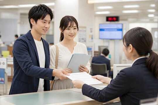 市役所の窓口で転入届を出す夫婦