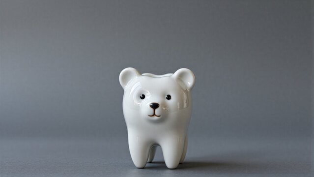 Adorable white tooth-shaped bear figurine with black eyes and brown nose.
