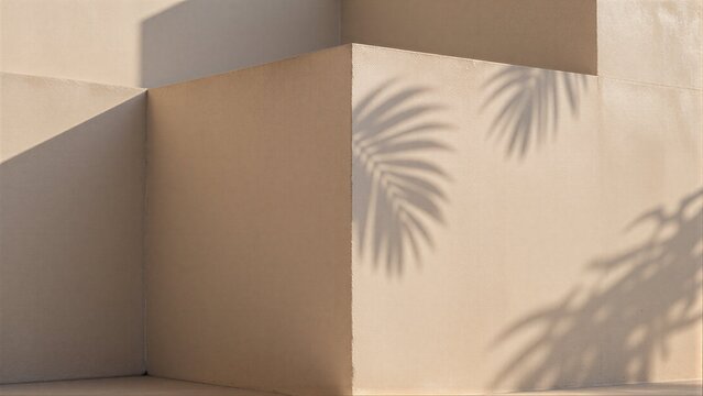 Palm shadows dance on warm, textured walls under soft sunlight.