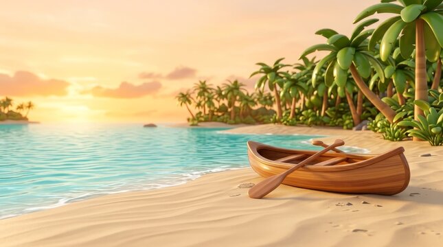 Golden sunset over tropical beach with canoe