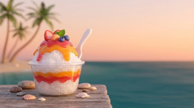 Mango dessert enjoyed by the sea at sunset