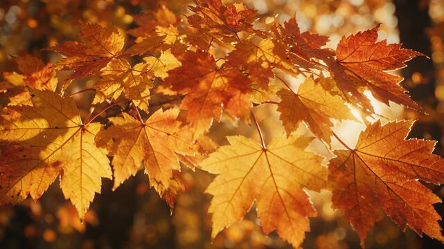 Autumn maple leaves backlit in golden sunlight in forest
