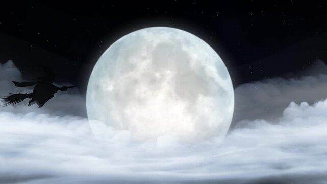 Halloween Full Moon Witch Flight Clouds 4K Loop features a silhouette of a witch flying on her broom across a full moon with rolling clouds in a loop.
