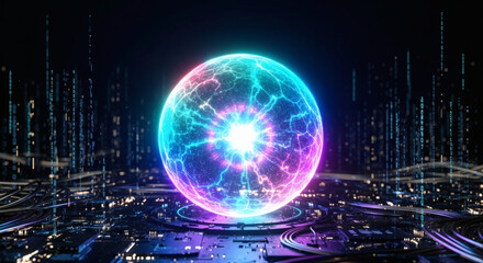 Fototapeta premium Futuristic quantum computer energy core with glowing plasma sphere and digital data matrix background