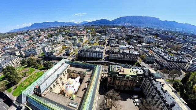Aerial Drone Flight Over Geneva City in Spring &ndash; 4K