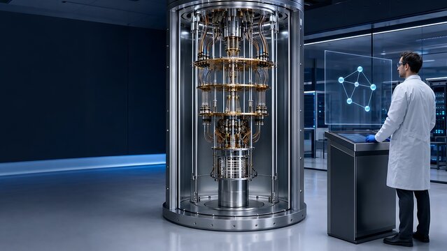 Scientist working with a quantum computer in a hightech laboratory environment