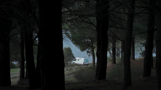 White camper van parked on the edge of a lake, surrounded by tall pine trees in a forest setting.