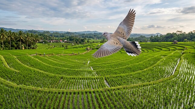 Bird flying over lush green rice terraces in Bali