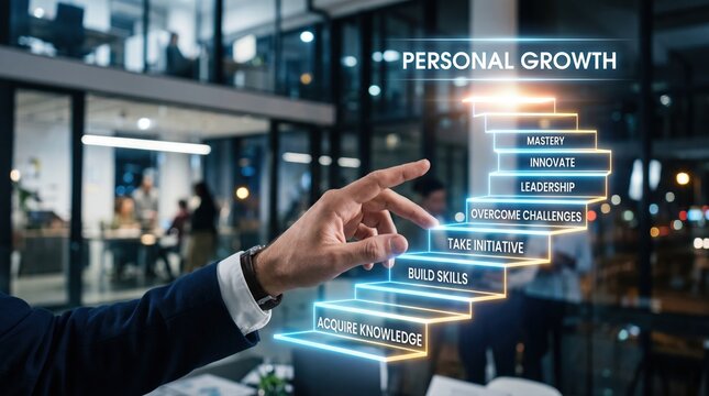 Hand guiding through luminous holographic steps, conceptualizing personal and professional growth, skill building, leadership, and success in a modern business setting