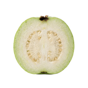 Half guava fruit slice with seeds isolated front view