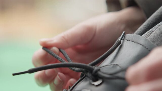 Closeup hands finishing lace bow, intimate tutorial mood with soft background, careful finger movements forming neat knot and loop, emphasis on secure finish, texture of leather and aglet visible